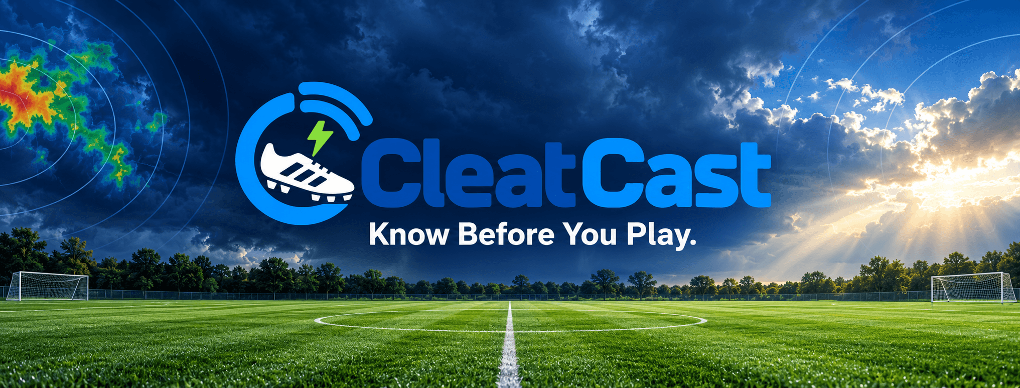 Soccer field under a storm. CleatCast. Know before you play.